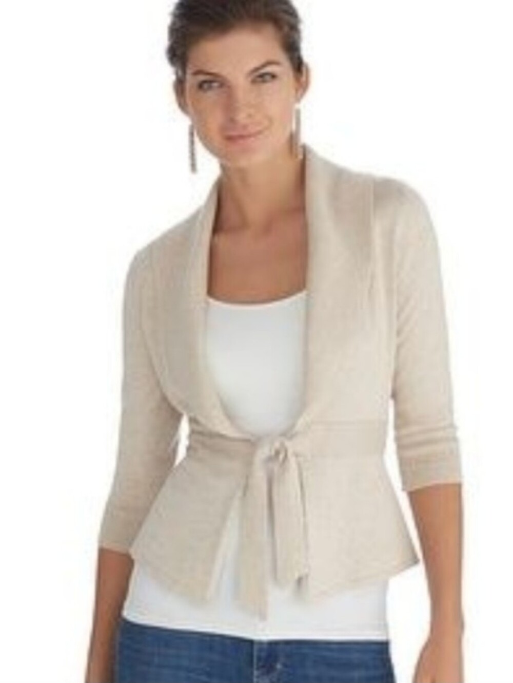 WHBW Beige Tie Waist Shawl Collar 3/4 Sleeve Peplum Hem Cardigan Size Small